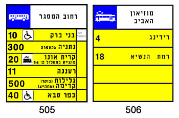 תמרור 505 מציין תחנת אוטובוסים ציבוריים. תמרור 506 מציין תחנת רכבת מקומית
